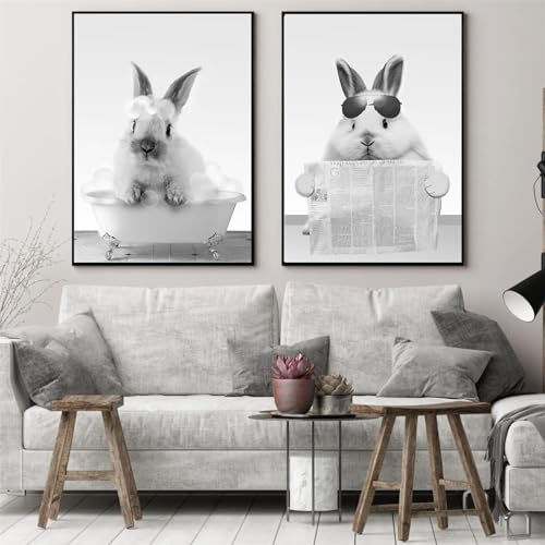 Trayosin 2 Stück Badezimmer Bilder Lustige Hase Leinwand Bilder Schwarz Weiß Bild Wandkunst Badezimmer Deko Bilder - Poster ohne Rahmen Wandbilder Ostergeschenke (40x50cm) von Trayosin