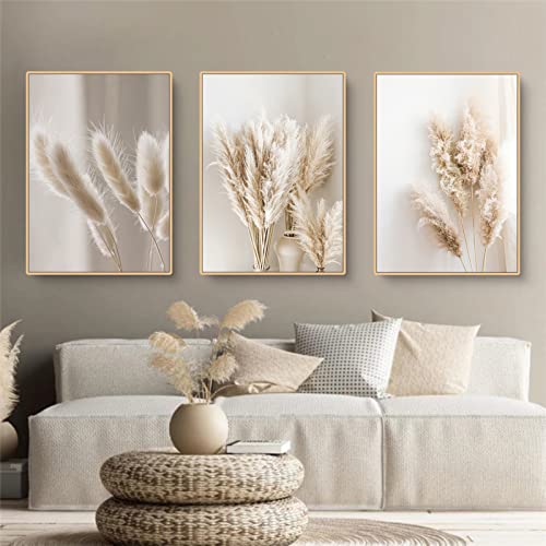 Trayosin 3er Premium Poster Set, Schilf Natur Leinwandbilder, Moderne Wandbilder, Bilder Wohnzimmer Deko Schlafzimmer, Beige Boho Pampasgras Bilder,ohne Rahmen (B,40x50cm) von Trayosin