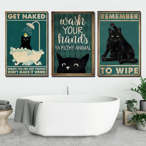 Trayosin Lustige Schwarz Katze Wandkunst Set von 3,Vintage Wandbilder,Leinwand Poster Bilder Badezimmer Schlafzimmer Wandposter Wand Bild Lustiges Badezimmer Deko,ohne Rahmen (21x30cm) von Trayosin