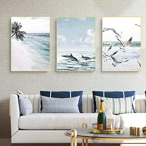 Trayosin Premium Poster Set Strand und Meer, 3er Bilder Set, Wasser Möwen Delphin, Wanddeko für Schlafzimmer und Wohnzimmer, Poster Vintage, ohne Bilderrahmen (B,40x50cm) von Trayosin