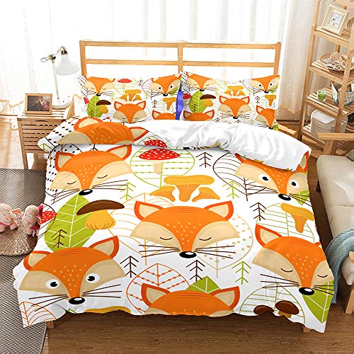 Treer Bettwäsche 3 Teilig, 3D Bedding Bedrucktes Mikrofaser mit Reißverschluss Bettbezug und Kopfkissenbezüge Bequem Weich Haltbar Bettwäsche-Set (135x200cm,Kleiner Fuchs) von Treer