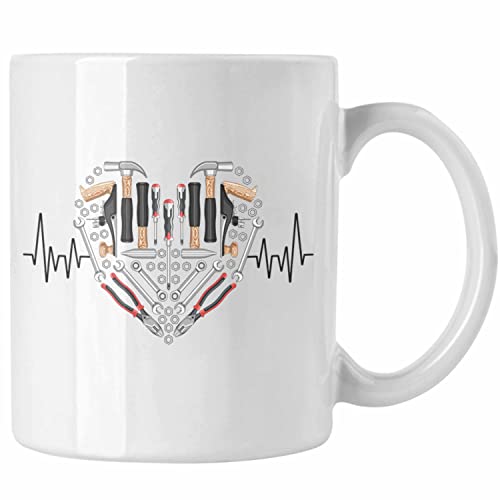 Trendation - Werkzeug Handwerker Herzschlag Tasse Geschenk für Hausmeister Klempner Mechaniker Hobby Geschenkidee (Weiß) von Trendation