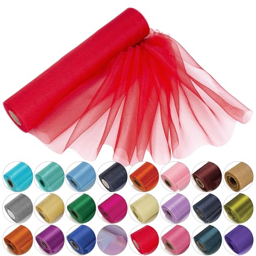 Trimming Shop Snow Sheer Organza-Rollen, 25 m x 29 cm, Rot mit Glitzerstoff — perfekt als Weihnachts-, Hochzeits- oder Partydekoration von Trimming Shop