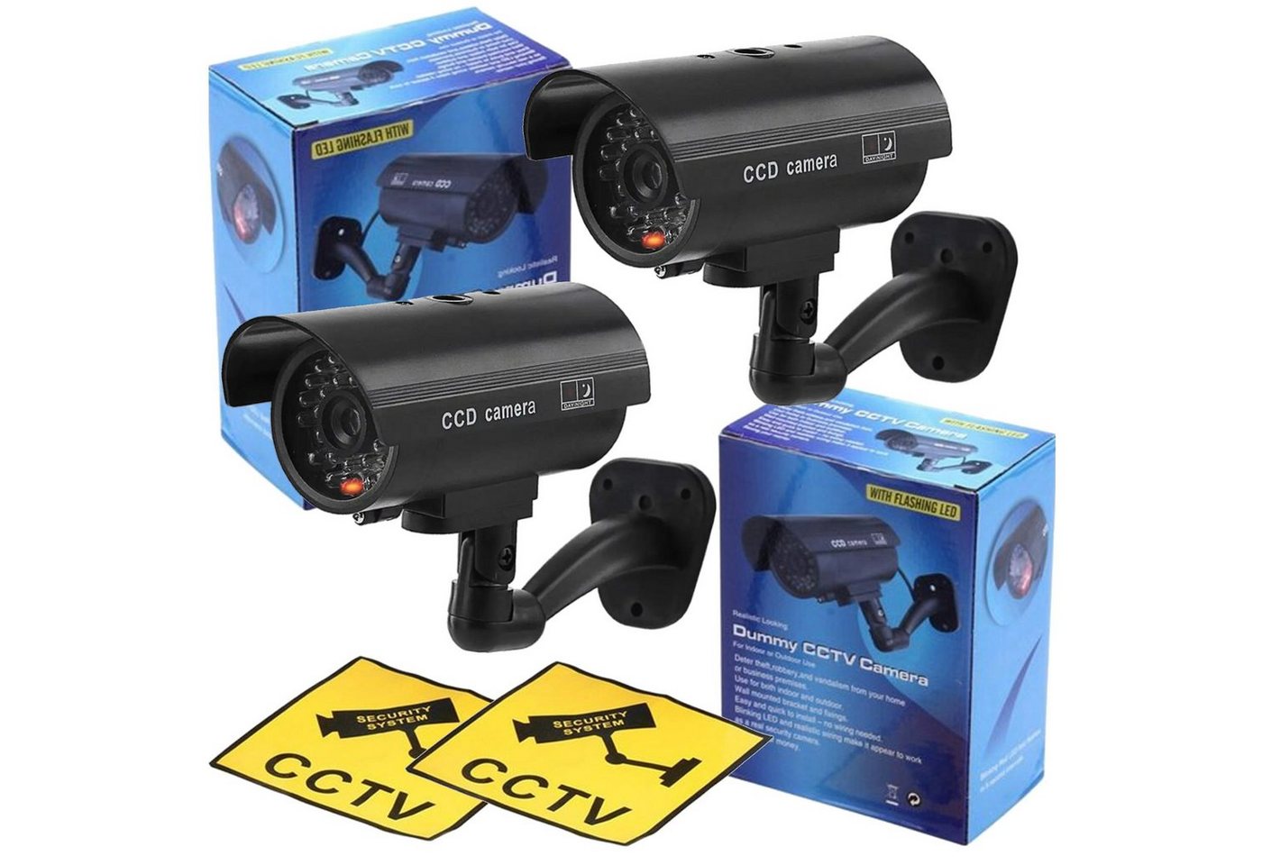 TronicXL 2x Dummy Kamera schwarz Attrappe Außenbereich Kameraattrappe CCTV Überwachungskamera Attrappe (Innenbereich, Außenbereich, 2-tlg., blinkende LED wetterfest Outdoor Außen) von TronicXL