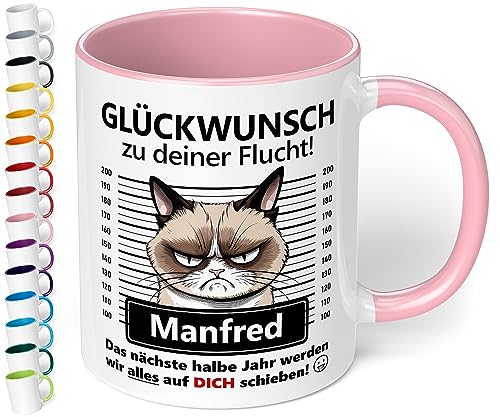 Abschiedsgeschenk für Kollegen: Keramik-Tasse personalisiert „Glückwunsch zu deiner Flucht!“ - 330ml - Katzen-Motiv - lustiger Kaffeebecher | Geschenk zum Abschied neuer Job Wechsel (Rosa) von True Statements