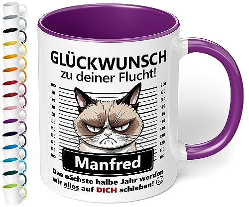 True Statements Abschiedsgeschenk für Kollegen: Keramik-Tasse personalisiert „Glückwunsch zu deiner Flucht!“ - 330ml - Katzen-Motiv - lustiger Kaffeebecher | Geschenk Abschied neuer Job (Violett) von True Statements