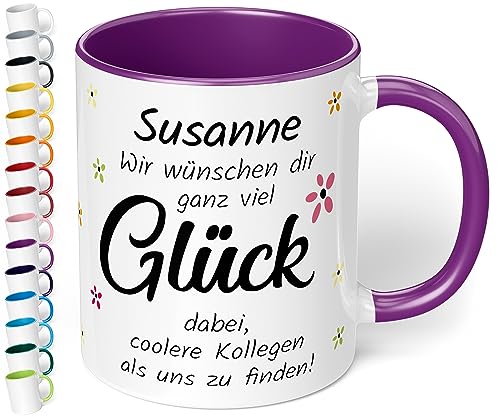 Abschiedsgeschenk für Kollegen: Tasse personalisiert „Wir wünschen dir ganz viel Glück“ - lustige Kaffeetasse 330ml mit 3 Zeilen Wunschtext als Geschenk zum Abschied neuer Job (Violett) von True Statements