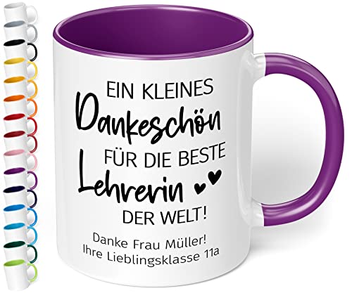 Abschiedsgeschenk für Lehrerin: Kaffee-Tasse personalisiert mit Wunschtext „Ein kleines Dankeschön für die beste LEHRERIN der Welt“ - Dankeschön Geschenke Grundschule 4, 10 Klasse (Violett) von True Statements