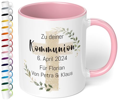 Christliches Geschenk: Tasse personalisiert „Zu deiner WUNSCHTEXT“ – Kreuz-Motiv – Keramik 330ml Geschenk Kommunion Konfirmation Firmung Taufe Mädchen Jungen (Rosa) von True Statements