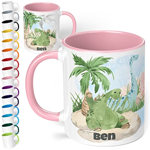 Dinosaurier Tasse mit Namen "Dinos" – Tasse personalisiert für Kinder – Dinotasse Kinderbecher Namenstasse für Jungen und Mädchen - schönes Geschenk & Mitbringsel Kindergeburtstag (Rosa) von True Statements