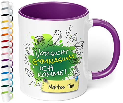 True Statements Geschenk zur Einschulung aufs Gymnasium - hochwertige Keramik Tasse mit Spruch Vorsicht Gymnasium, ich komme! auf Wunsch mit Namen (mit Wunschname, Violett) von True Statements