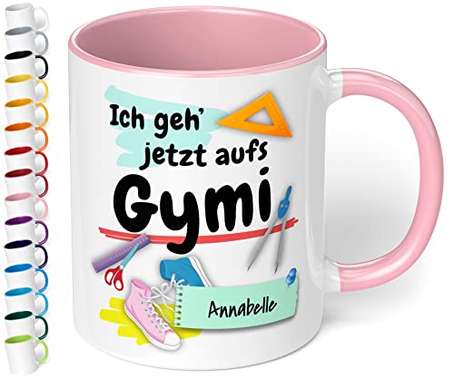 True Statements Geschenk zur Einschulung aufs Gymnasium mit Namen - Geschenk zur 5. Klasse - hochwertige Keramik Tasse mit Spruch Ich geh‘ jetzt aufs Gymi mit Wunschnamen (Rosa) von True Statements