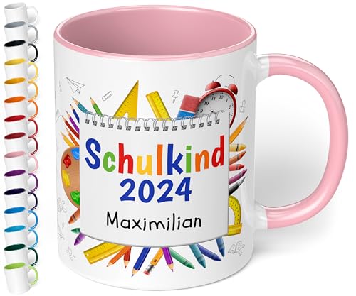 Geschenk zur Einschulung für Mädchen und Jungen: Tasse „Schulkind 2024“ - mit NOTIZBLOCK-Motiv - personalisiert mit Namen für Erstklässler - kleines Geschenk für Schüler 1. Klasse (Rosa) von True Statements