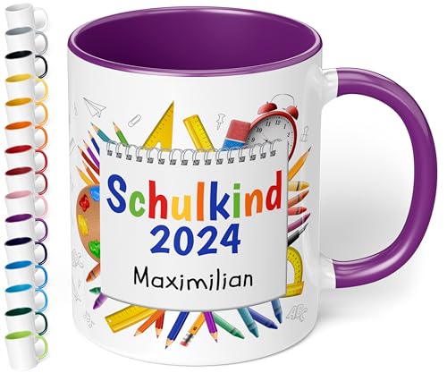 True Statements Geschenk zur Einschulung für Mädchen und Jungen: Keramik Tasse „Schulkind 2024“ - mit NOTIZBLOCK-Motiv - personalisiert mit Namen für Erstklässler Schüler 1. Klasse 330ml (Violett) von True Statements