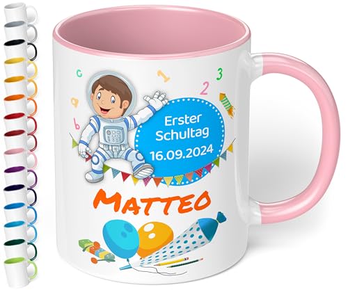 Geschenk zur Einschulung für Mädchen und Jungen: personalisierte Tasse Erster Schultag mit Name und Datum (Astronaut, Rosa) von True Statements