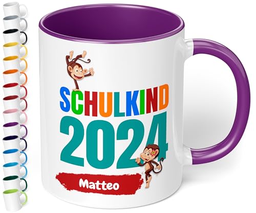 Geschenk zur Einschulung für Mädchen und Jungen: „Schulkind 2024“ - mit AFFEN-Motiv - personalisierte Tasse mit Namen (Violett) von True Statements