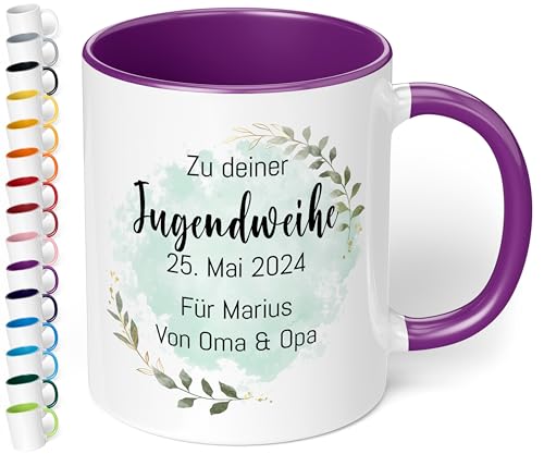 Geschenk zur Jugendweihe Konfirmation für Mädchen & Jungen: Tasse personalisiert „Zu deiner WUNSCHTEXT“ – Blätter-Motiv – Keramik 330ml Kommunion Firmung Taufe (Violett) von True Statements