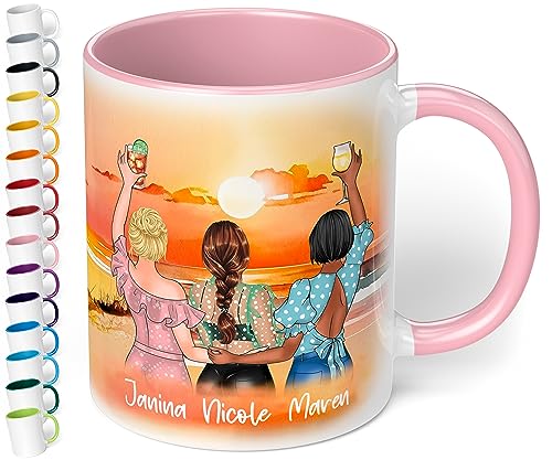 Keramik-Tasse für beste Freundinnen „Drei Freundinnen am Strand“ – 330ml Kaffeetasse personalisiert mit Namen & Aussehen - BFF best friends - Geschenke Geburtstag Weihnachten (Rosa) von True Statements