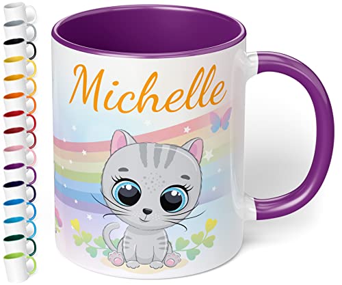 Kinder-Tasse mit Namen „Graue Katze mit Regenbogen-Motiv“ – personalisierte Namenstasse für Jungen und Mädchen - rundum bedruckt – schönes Geschenk zu Weihnachten, Geburtstag (Violett) von True Statements