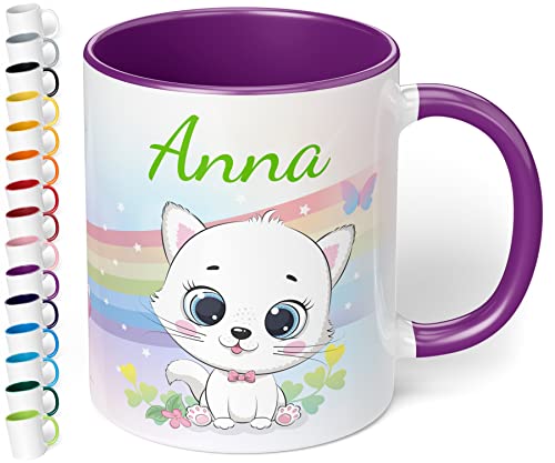 Kinder-Tasse mit Namen „Weiße Katze mit Regenbogen-Motiv“ – personalisierte Namenstasse für Jungen und Mädchen - rundum bedruckt – schönes Geschenk zu Weihnachten, Geburtstag (Violett) von True Statements