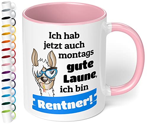 Lustige Tasse für Rentner „Ich hab jetzt auch montags gute Laune“ - 330ml Keramik Kaffeetasse - Geschenk Renteneintritt Ruhestand Abschiedsgeschenk Kollegen (Rosa) von True Statements