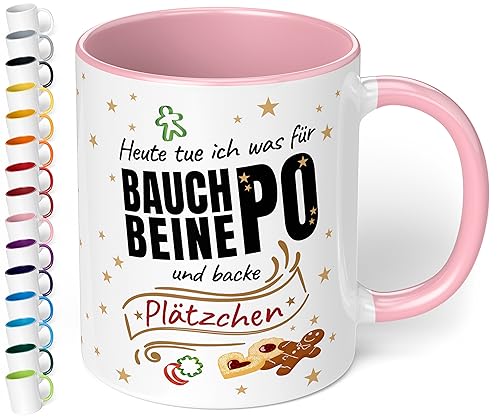 Lustige Weihnachts-Tasse „Heute tue ich was für Bauch-Beine-Po und backe Plätzchen“ – 330ml Keramik Kaffeebecher mit Spruch - Geschenk zu Weihnachten für Freundin, Mama und Oma (Rosa) von True Statements