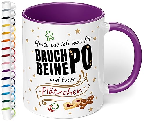 Lustige Weihnachts-Tasse „Heute tue ich was für Bauch-Beine-Po und backe Plätzchen“ – 330ml Keramik Kaffeebecher mit Spruch - Geschenk zu Weihnachten für Freundin, Mama und Oma (Violett) von True Statements