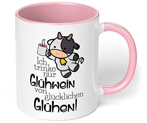 Lustige Weihnachtstasse „Ich trinke nur Glühwein von glücklichen Glühen“ - 330ml Keramik Kaffeebecher mit Spruch - Geschenk zu Weihnachten (Rosa) von True Statements