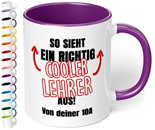 Lustiges Geschenk für Lehrer: Kaffee-Tasse personalisiert mit Wunschtext „So sieht ein richtig cooler LEHRER aus!“ - Dankeschön - Abschieds-Geschenke, Geburtstag, Tag des Lehrers (Violett) von True Statements