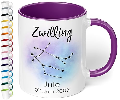 Sternzeichen Tasse mit Namen, Datum und 12 Sternenbilder personalisiert – 330ml Keramik Kaffeebecher, kleine Geschenke für Kollegen Frauen Männer Büro Geburtstag Weihnachten (Violett) von True Statements