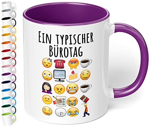 True Statements Lustige Büro Tasse Ein typischer Bürotag - 330ml Keramik Kaffeebecher mit Spruch Emoticon Geschenk Mitarbeiter Kollegen Büro Arbeit Homeoffice Geburtstag Weihnachten (Violett) von True Statements