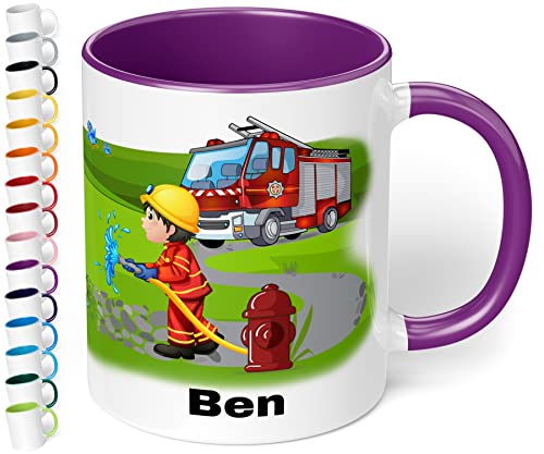 Tasse mit Namen für Kinder "Feuerwehrmann" – Kindertasse personalisiert – Feuerwehr Kinderbecher Trinkbecher für Jungen und Mädchen - rundum bedruckt – Geschenk zu Weihnachten, Geburtstag (Violett) von True Statements