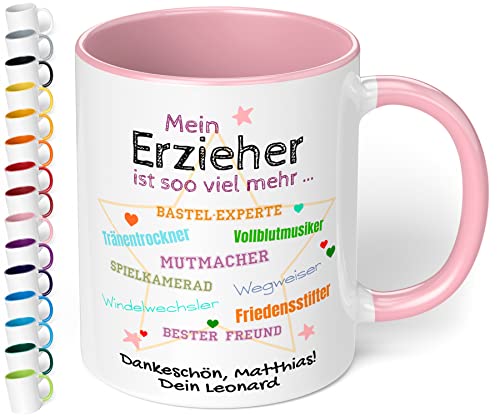 Tasse personalisiert Mein Erzieher ist soo viel mehr - lustige Dankeschön Kaffeetasse mit Spruch - Geschenk zum Kita Kindergarten Abschied, für Tagesvater (Individuell, Rosa) von True Statements