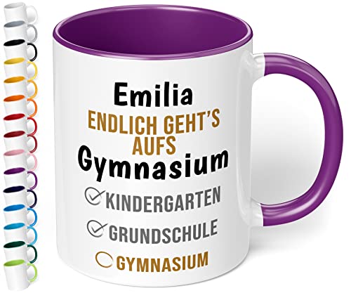 True Statements Geschenk zum Übertritt aufs Gymnasium: Keramik-Tasse mit Namen „WUNSCHNAME Endlich geht’s aufs Gymnasium“ - Geschenk zur 5. Klasse – Gymi Geschenk für Mädchen und Jungen (Violett) von True Statements