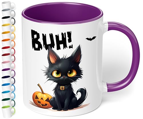 True Statements Halloween Keramik-Tasse „BUH! Schwarze Katze“ – ca. 330ml –Kaffeebecher mit Spruch, kleines gruseliges Geschenk (Violett) von True Statements