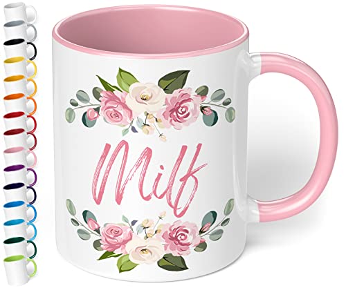 True Statements Lustige Tasse MILF - Kaffeetasse mit Spruch als Geschenk - beidseitig bedruckt - spülmaschinenfest, innen rosa von True Statements