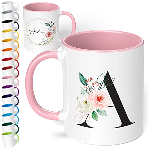 True Statements Namenstasse mit Blumen Anfangsbuchstaben Motiv - Vorderseite Wunsch-Buchstabe, Rückseite Dein Wunschname Innen Rosa von True Statements