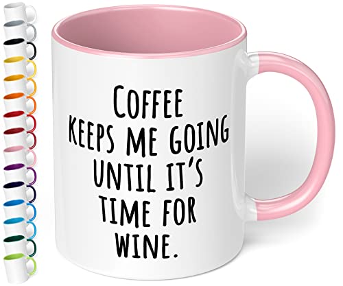 True Statements Tasse Coffee keeps me going until its time for wine - Kaffeetasse, Kaffeebecher, das ideale Geschenk für Mitarbeiter, fürs Büro, Arbeit und Co., inner rose von True Statements