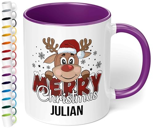 True Statements Weihnachtstasse mit Namen personalisiert „Merry Christmas“ - mit Rentier-Motiv - 330ml Keramik Kaffeebecher mit Spruch – Geschenk für Kollegen & Familie (Violett) von True Statements