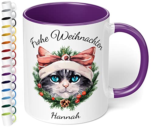 Weihnachtstasse mit Namen „Frohe Weihnachten Wunschname“ – mit 20 Katzen-Motiven - personalisierte Glühwein Tasse – schöne Kaffee-Tasse mit Spruch - Geschenk zu Weihnachten (Violett) von True Statements