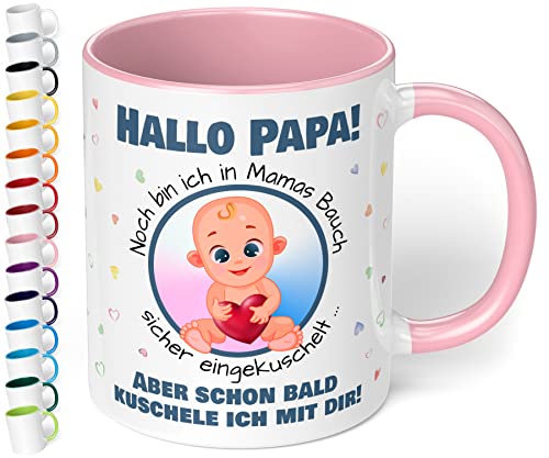 Werdender Papa Tasse Idee Schwangerschaft Verkünden– lustige Keramiktasse „Hallo Papa! Noch bin ich in Mamas Bauch“ – Kaffeebecher –Geschenk für Vater Baby Verkündung (Rosa) von True Statements