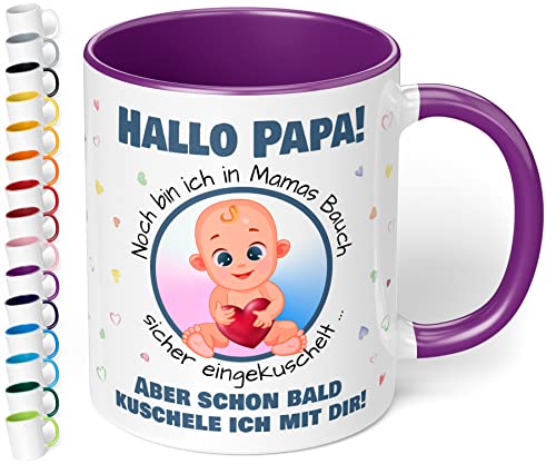 Werdender Papa Tasse Idee Schwangerschaft Verkünden– lustige Keramiktasse „Hallo Papa! Noch bin ich in Mamas Bauch“ – Kaffeebecher –Geschenk für Vater Baby Verkündung (Violett) von True Statements