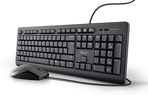 Trust Tastatur und Maus mit Kabel – spanisches QWERTY-Layout, 1,8 m langes Kabel, USB-Anschluss, auslaufsichere Tastatur, Windows, Mac, PC, Laptop, Schwarz von Trust