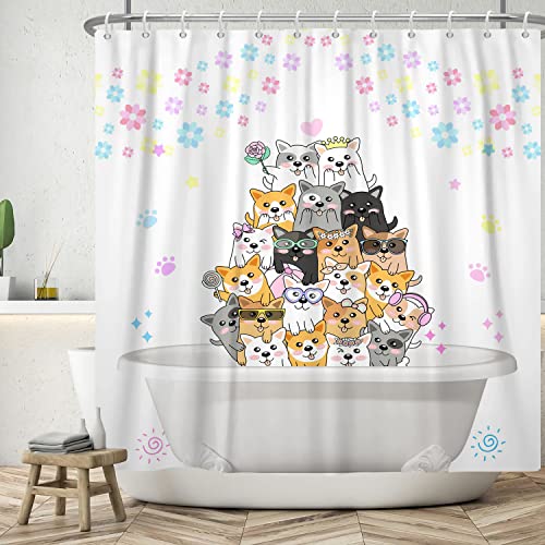 Ttincceer 180x200cm Niedlicher Hund Duschvorhang Welpe Party Lustiges Tier Badvorhang Geliebtes Haustier in Badewanne Bunte Blume Duschvorhänge Wasserdicht Badewanne Vorhang von Ttincceer