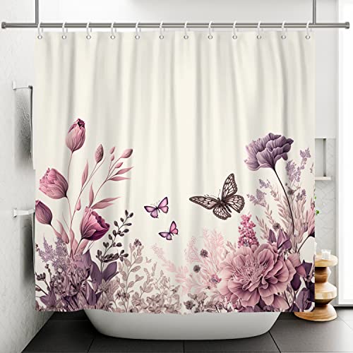 Ttincceer 183x198cm Blume Duschvorhang Retro Lila Floral Schmetterling Bad Vorhang Vintage Garten Landschaft Blumen Blühende Duschvorhänge Wasserdicht Badewanne Vorhang von Ttincceer