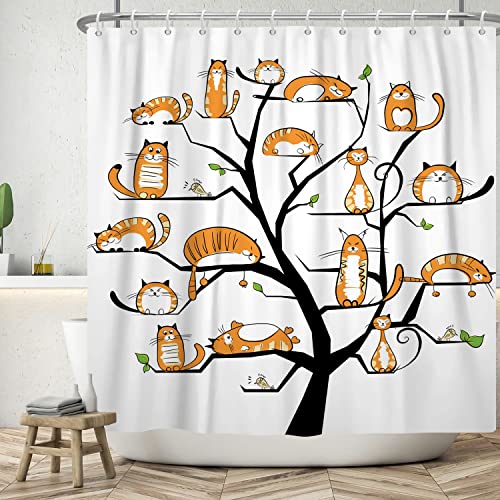 Ttincceer 183x198cm Katze Baum Duschvorhang Set Orange niedlich Kätzchen Bad Vorhang Aquarell lustige Tier Haustier Katze Dusche Vorhänge waschbar Badewanne Vorhang für Bad Dekor von Ttincceer