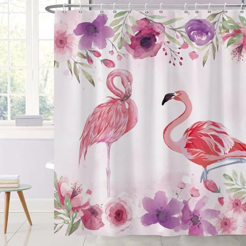 Ttincceer 183x213cm Flamingo Duschvorhang Aquarell Blume Tropisches Tier Badvorhang Rot Paar Flamingo Duschvorhänge Wasserdicht Badewanne Vorhang mit Haken von Ttincceer