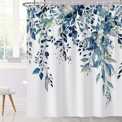 Ttincceer 183x213cm Pflanze Duschvorhang Weiß Blume Blau Salbei Eukalyptus Blatt Bad Vorhang Set mit Haken Sommer Botanisch Blühende Duschvorhänge Wasserdicht Badewanne Vorhang von Ttincceer