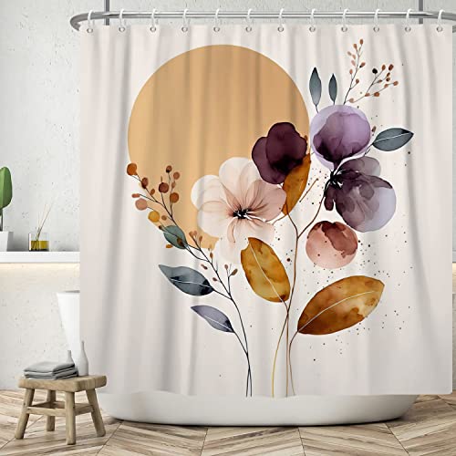 Ttincceer Floral Duschvorhang mit Haken Bohemia Aquarell Blume Moderne Duschvorhang Set 180x200cm Mid-Century Elegante Blumen Badezimmer Vorhang Wasserdicht Badewanne Vorhang von Ttincceer