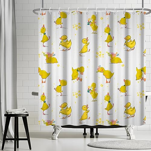 Ttincceer Gelbe Ente Duschvorhang mit Haken, Cartoon Niedliche Tier Ente Haustier Badezimmer Vorhang Lustige Tier Gelbe Blume Bad Vorhang Wasserdicht Badewanne Vorhang 180x200cm von Ttincceer